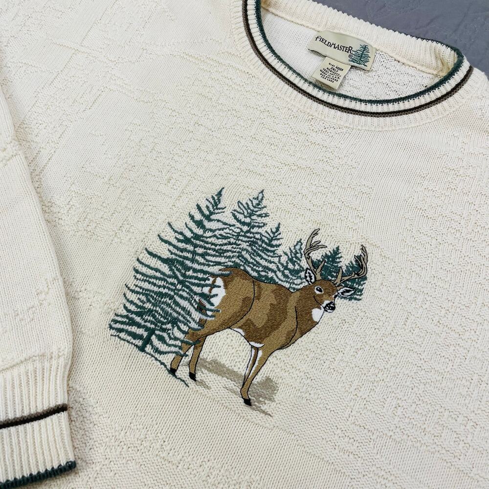 Vintage Deer Sweater Buck Fieldmaster Mens 2XLT Cream Knit Pullover Texture Tall